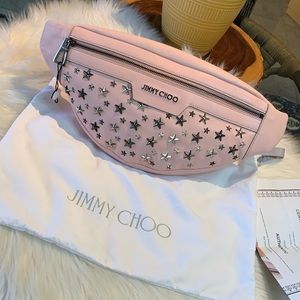 JIMMY CHOO Derry Biker Leather Waist Bag with Gunmetal Stars Pink